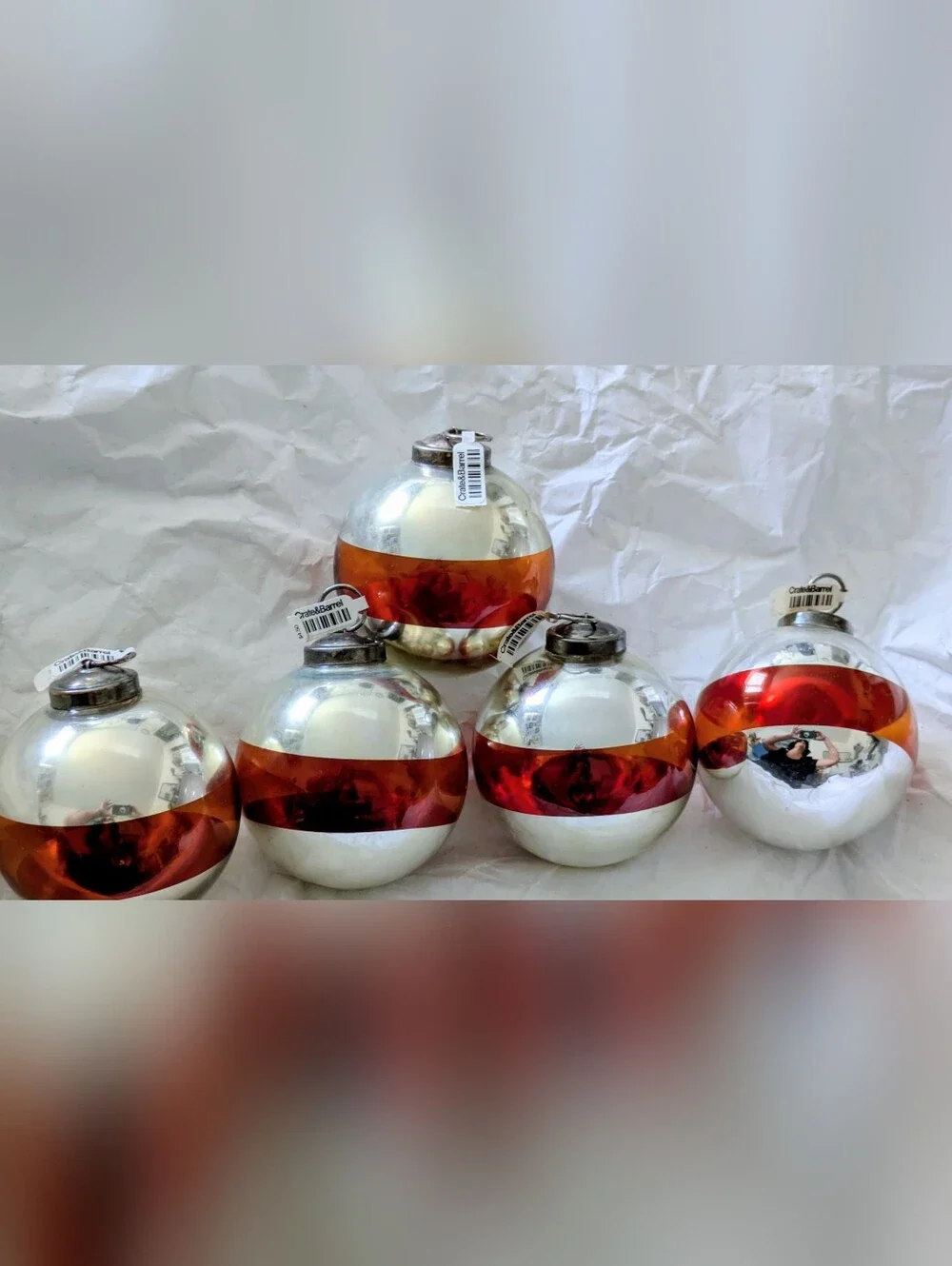 Set of 5 Crate & Barrel Vintage Mercury Glass Ornaments – Red Stripe Metal Hang